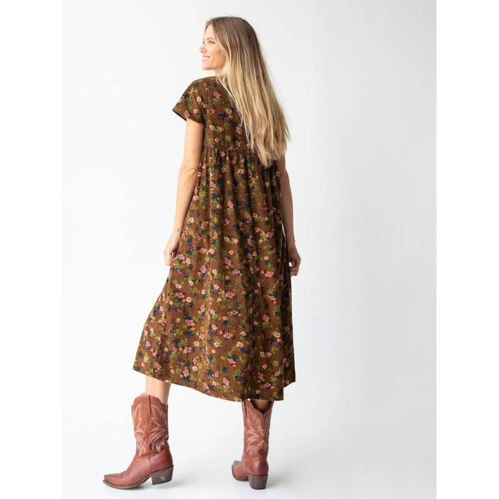 Natural Life Avery Corduroy Midi Dress Womens M Brown Floral Pockets fall - Picture 2 of 13